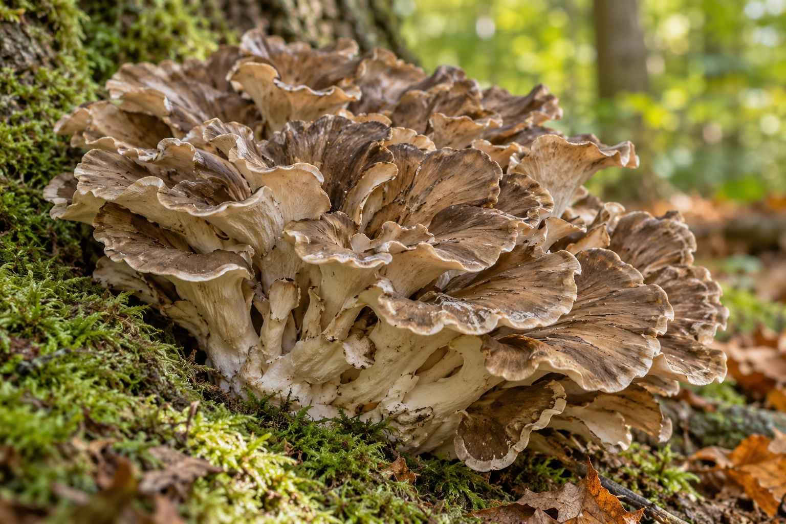 Maitake neboli trsnatec lupenitý v makrofotografii s detailem vějířovitých klobouků